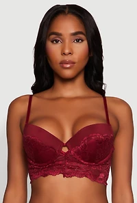 Womens Lace Longline Plunge Bra with Cut Out Detail, Burgundy, Size 36B
