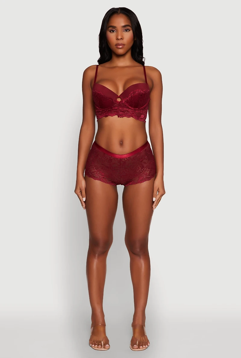 Womens Lace Longline Plunge Bra with Cut Out Detail, Burgundy, Size 36B