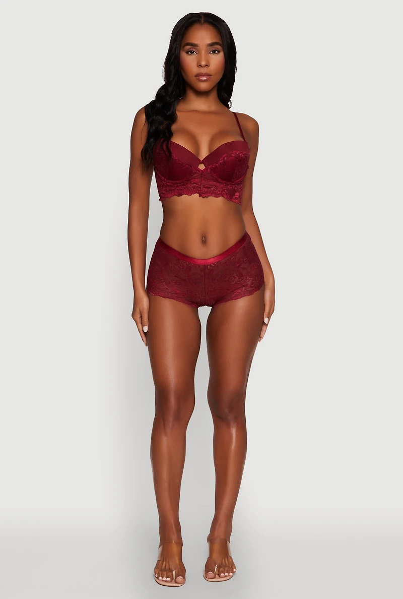 Womens Lace Longline Plunge Bra with Cut Out Detail, Burgundy, Size 36B