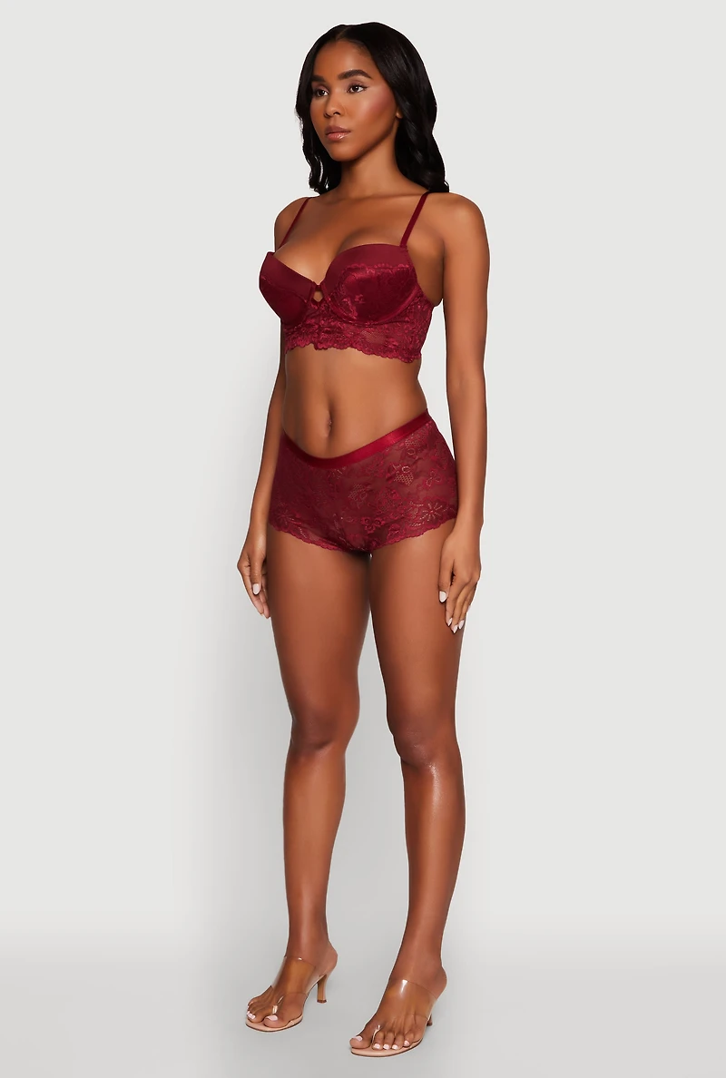 Womens Lace Longline Plunge Bra with Cut Out Detail, Burgundy, Size 36B
