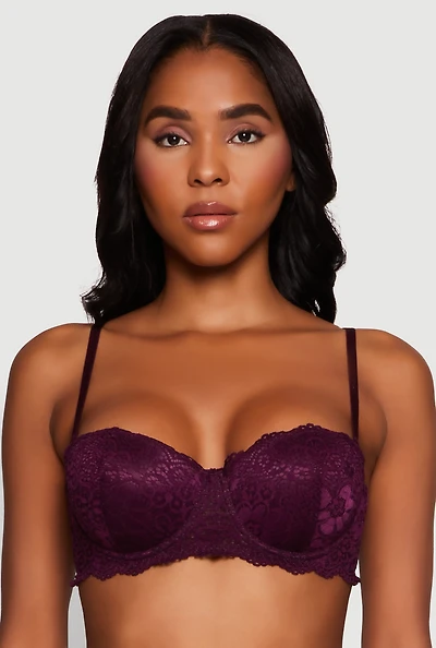 Womens Flower Lace Scalloped Hem Balconette Bra, Purple, Size 36C