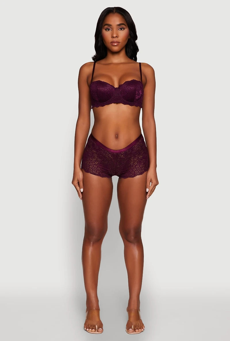Womens Flower Lace Scalloped Hem Balconette Bra, Purple,