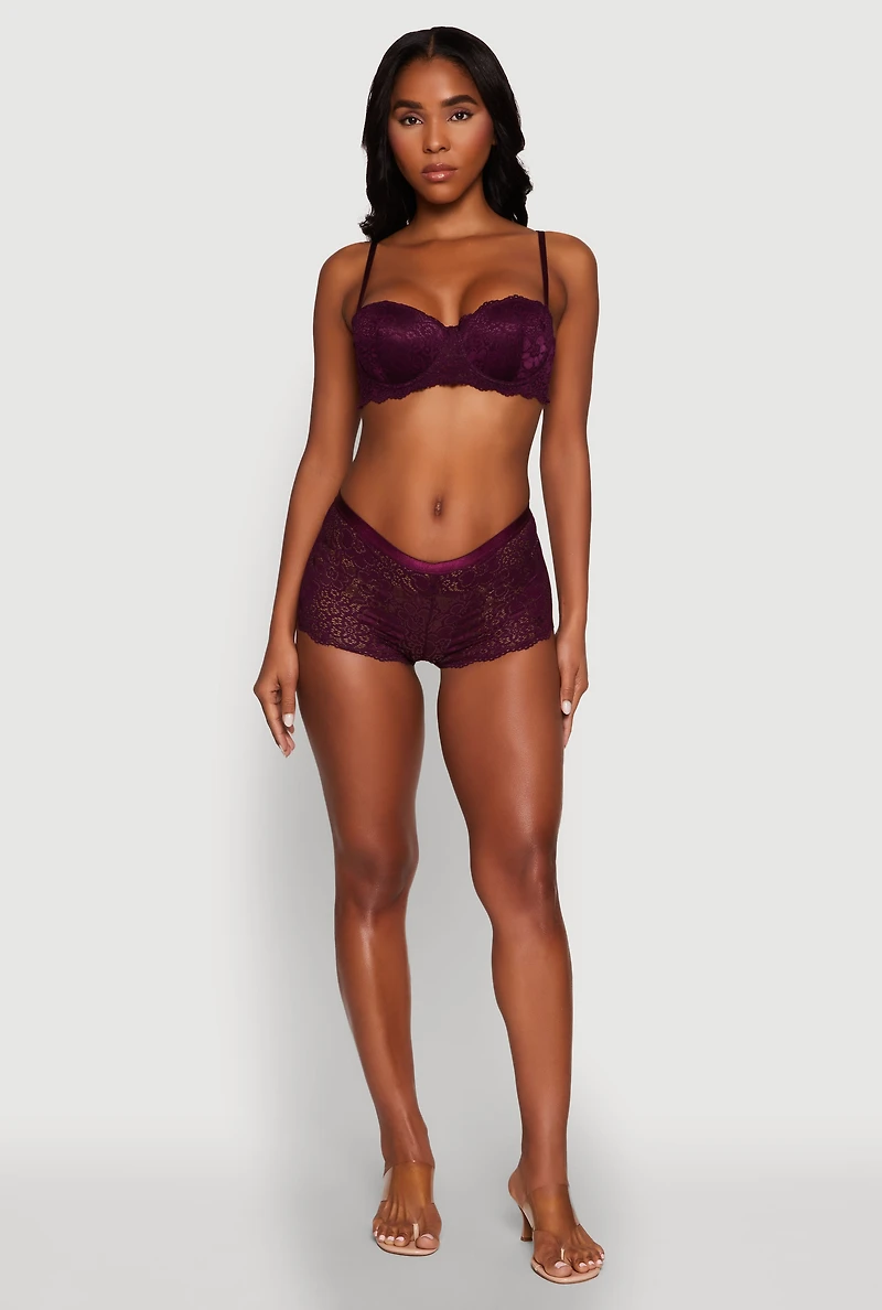 Womens Flower Lace Scalloped Hem Balconette Bra, Purple,