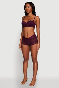 Womens Flower Lace Scalloped Hem Balconette Bra, Purple,