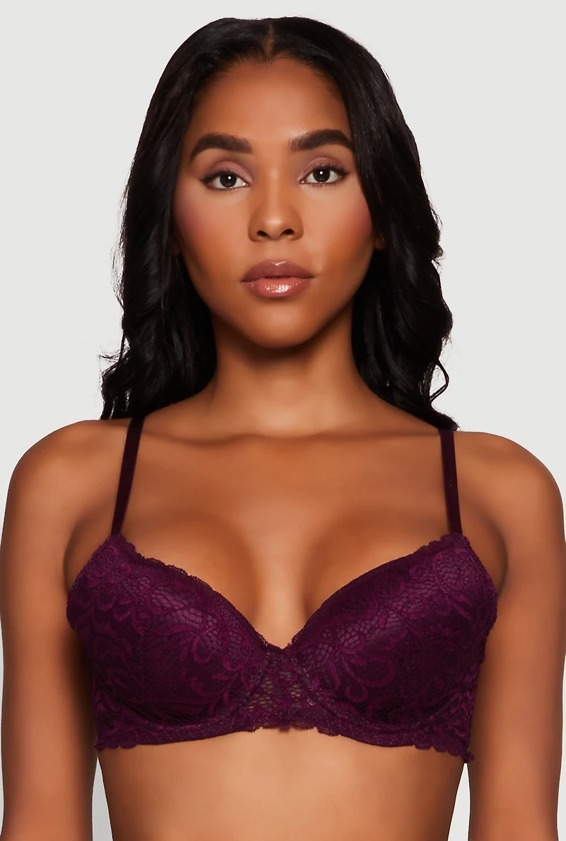 Womens Scalloped Lace Plunge Push Up Bra, Purple, Size 34C