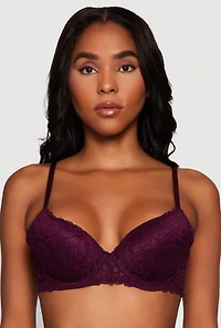 Womens Scalloped Lace Plunge Push Up Bra, Purple, Size 34C