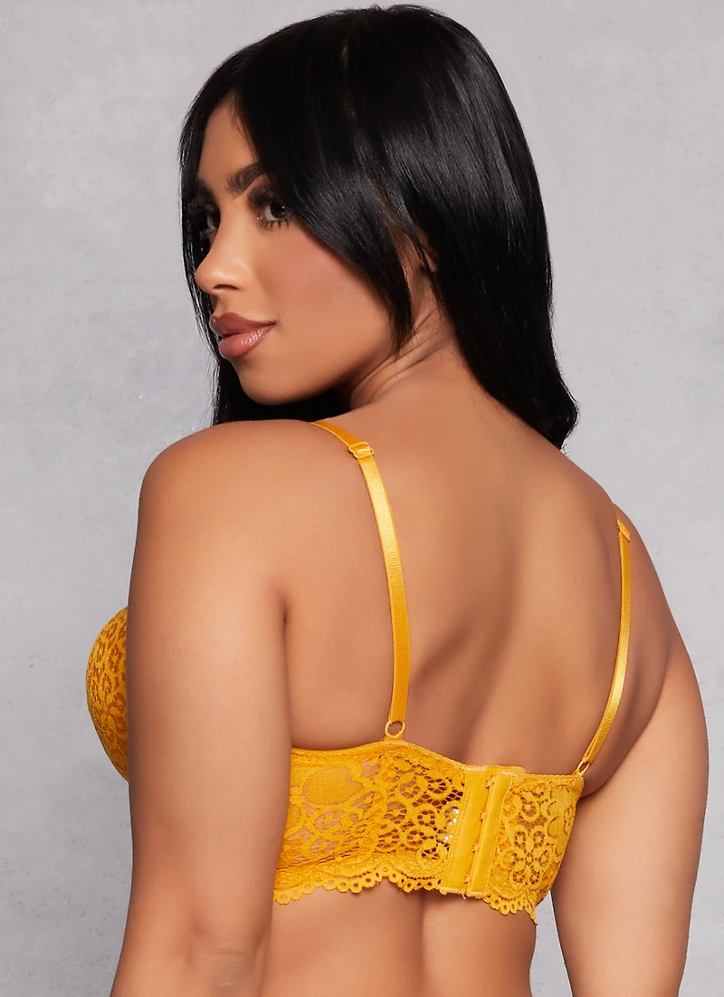 Womens Caged Front Floral Lace Longline Plunge Bra, Yellow, Size 34D