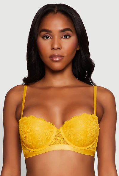 Womens Trendy Scalloped Patterned Lace Push Up Bra, Yellow, Size 34D