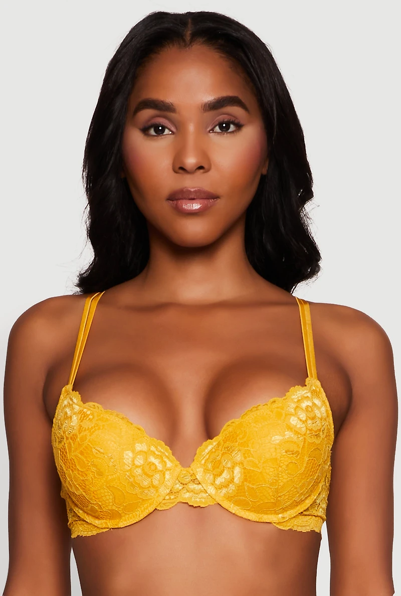 Womens Floral Lace Padded Push Up Bra with Adjustable Straps, Yellow,