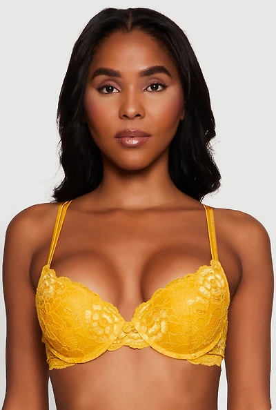 Womens Floral Lace Padded Push Up Bra with Adjustable Straps, Yellow,