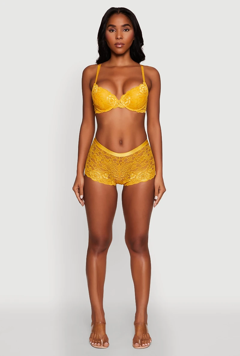 Womens Floral Lace Padded Push Up Bra with Adjustable Straps, Yellow, Size 38B