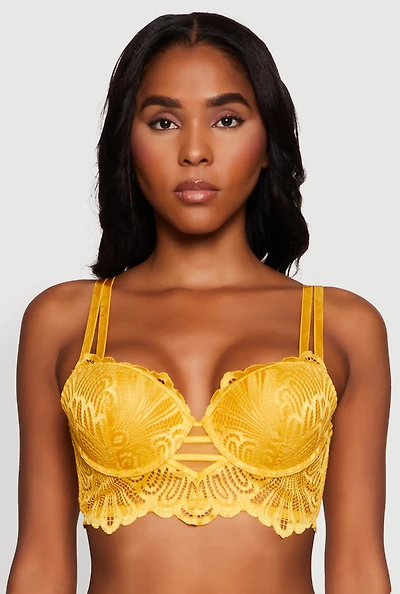 Womens Trendy Caged Patterned Lace Trim Longline Double Strap Push Up Bra, Yellow,