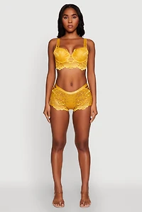 Womens Trendy Caged Patterned Lace Trim Longline Double Strap Push Up Bra, Yellow,