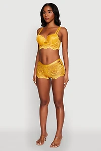 Womens Trendy Caged Patterned Lace Trim Longline Double Strap Push Up Bra, Yellow,