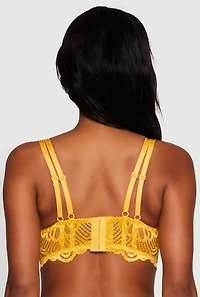 Womens Trendy Caged Patterned Lace Trim Longline Double Strap Push Up Bra, Yellow, Size 36B