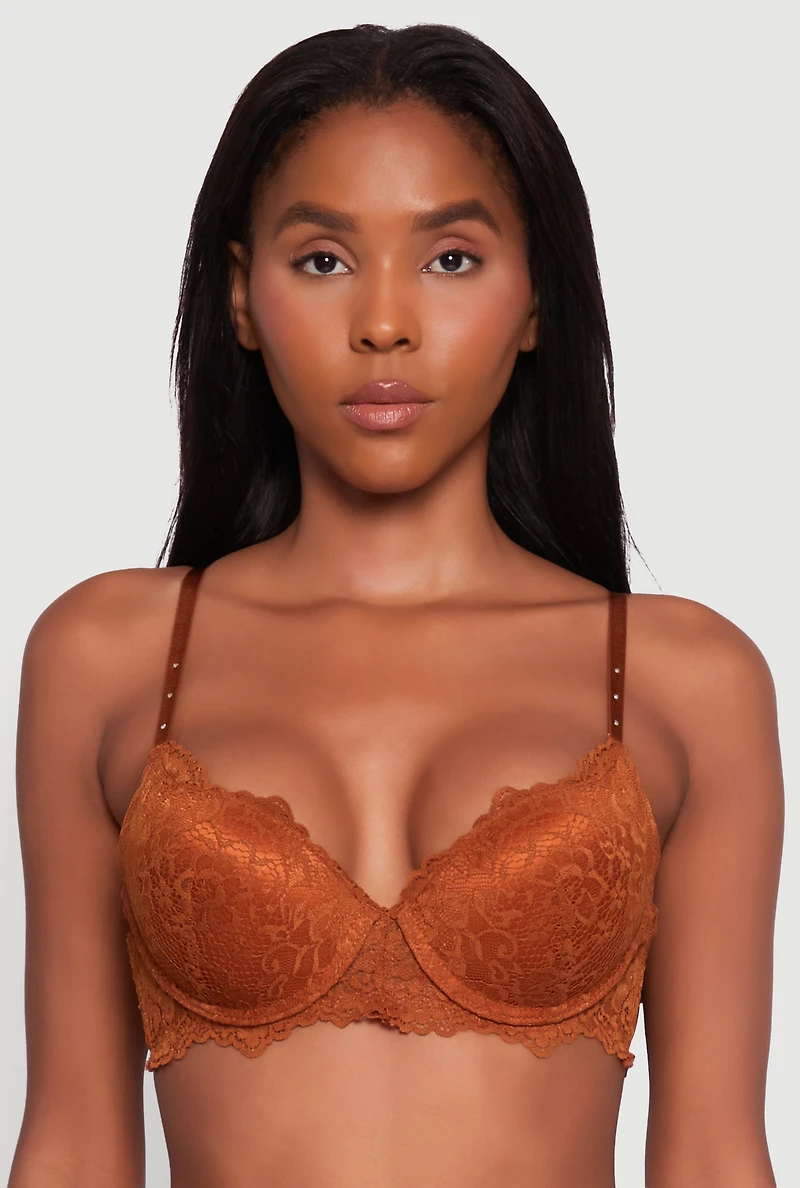 Womens Floral Lace Studded Strap Plunge Bra, Brown, Size 38B
