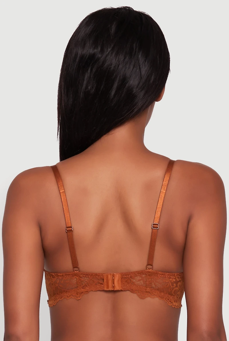 Womens Floral Lace Studded Strap Plunge Bra, Brown,