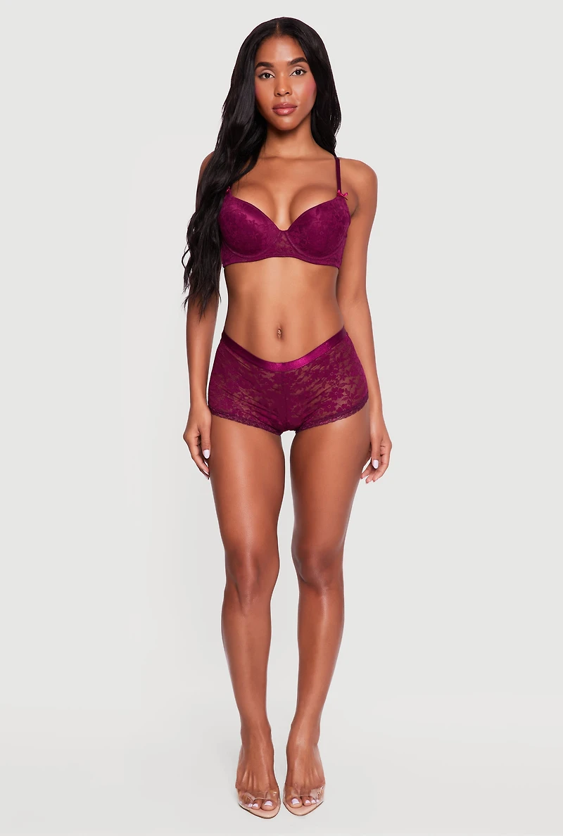 Bow Detail Floral Lace Plunge Bra