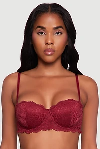 Womens Floral Lace Scalloped Hem Convertible Balconette Bra, Burgundy, Size 36D