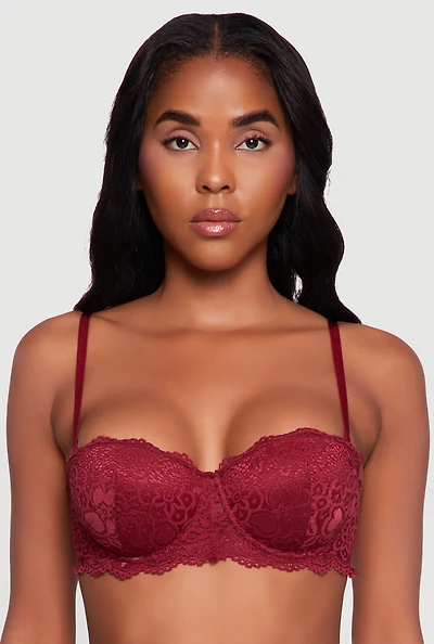 Womens Floral Lace Scalloped Hem Convertible Balconette Bra, Burgundy, Size 34D