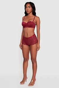 Womens Floral Lace Scalloped Hem Convertible Balconette Bra, Burgundy,
