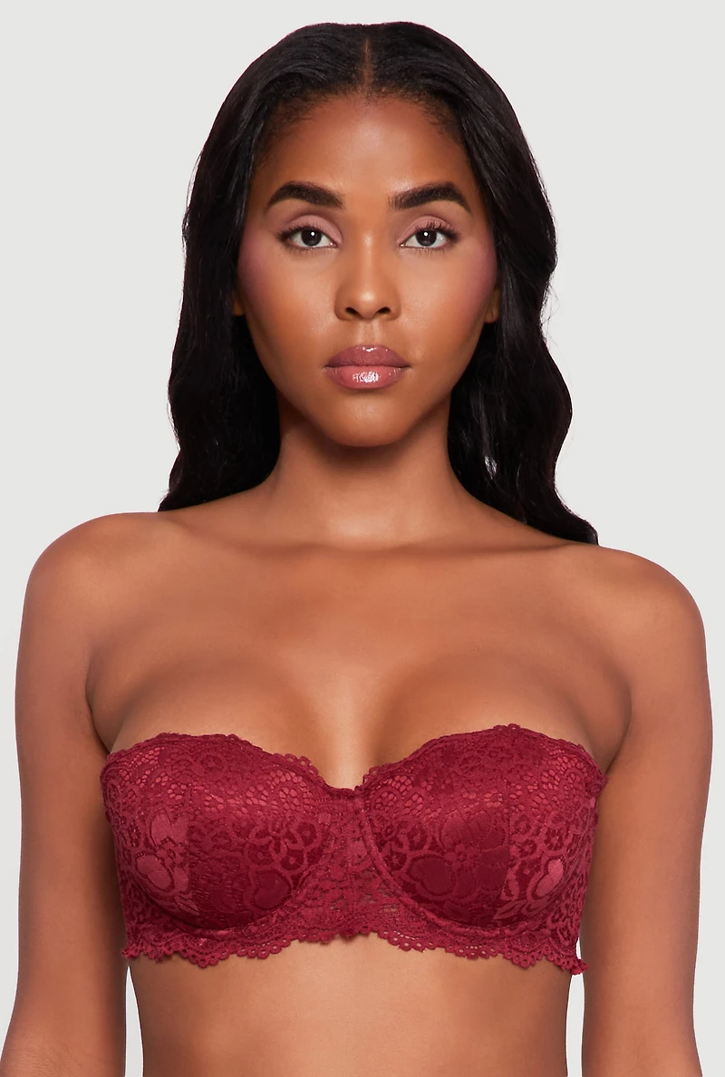 Womens Floral Lace Scalloped Hem Convertible Balconette Bra, Burgundy,