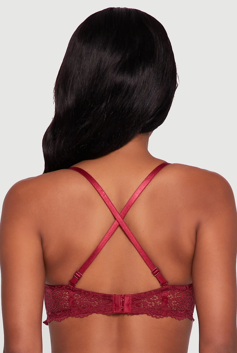 Womens Floral Lace Scalloped Hem Convertible Balconette Bra, Burgundy, Size 36D