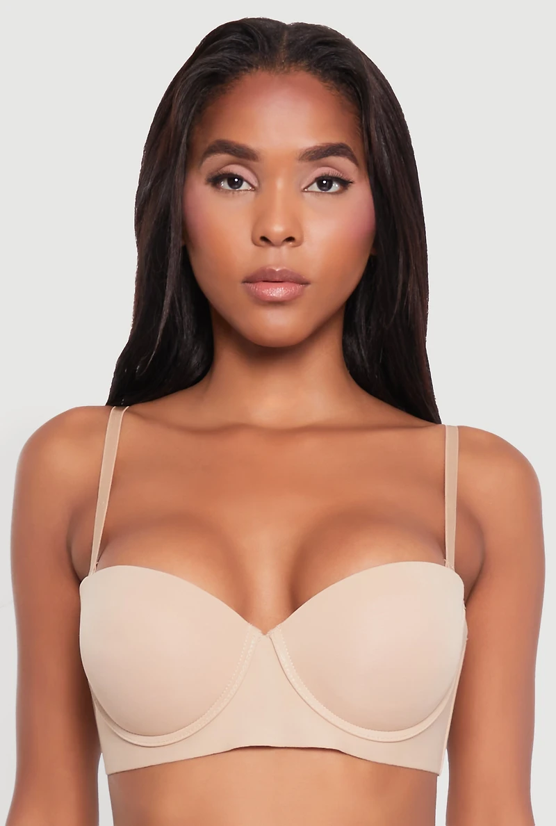 Womens Solid Convertible Padded Push Up Balconette Bra, Beige,
