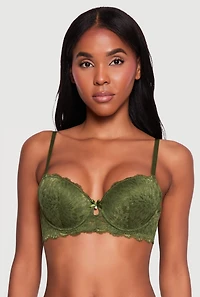 Pearled Bow Keyhole Detail Scalloped Lace Plunge Bra