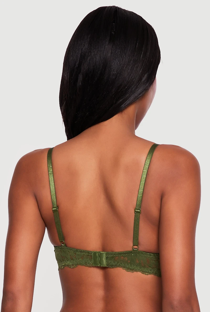 Pearled Bow Keyhole Detail Scalloped Lace Plunge Bra