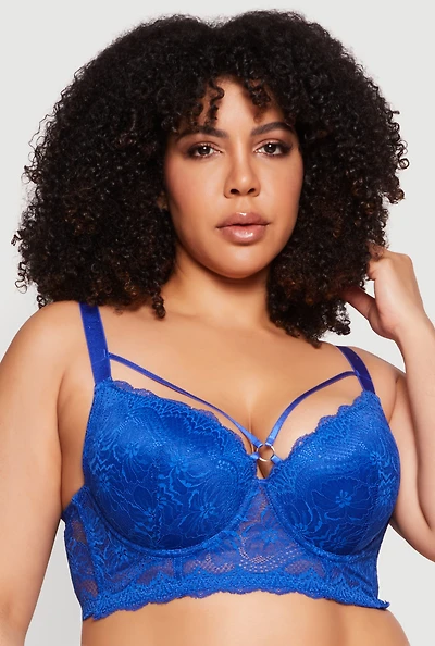 Plus Floral Lace Metallic O Ring Caged Longline Bra