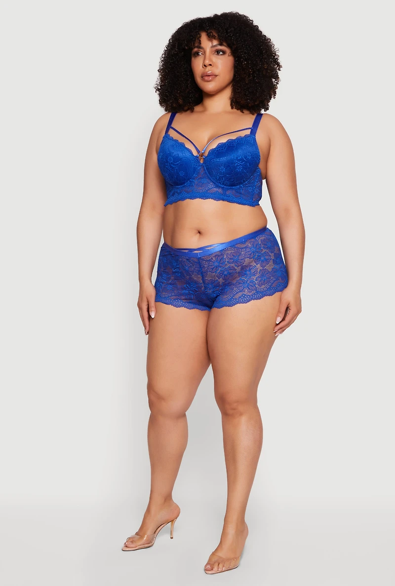 Plus Floral Lace Metallic O Ring Caged Longline Bra
