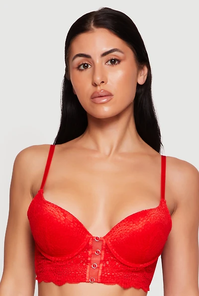 Scalloped Floral Lace Metallic O Ring Detail Longline Plunge Bra