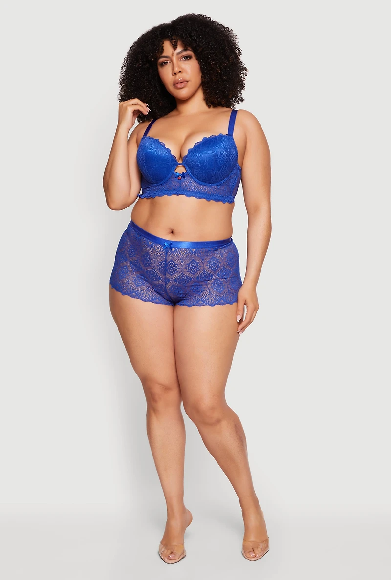 Plus Scalloped Floral Lace Caged Longline Bra