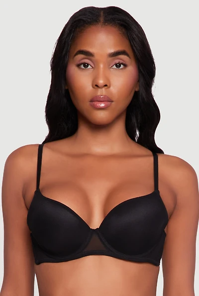 Womens Mesh Solid Plunge Bra with Adjustable Straps, Black,