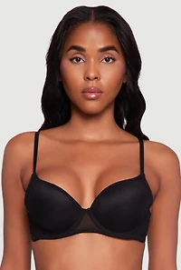 Womens Mesh Solid Plunge Bra with Adjustable Straps, Black,