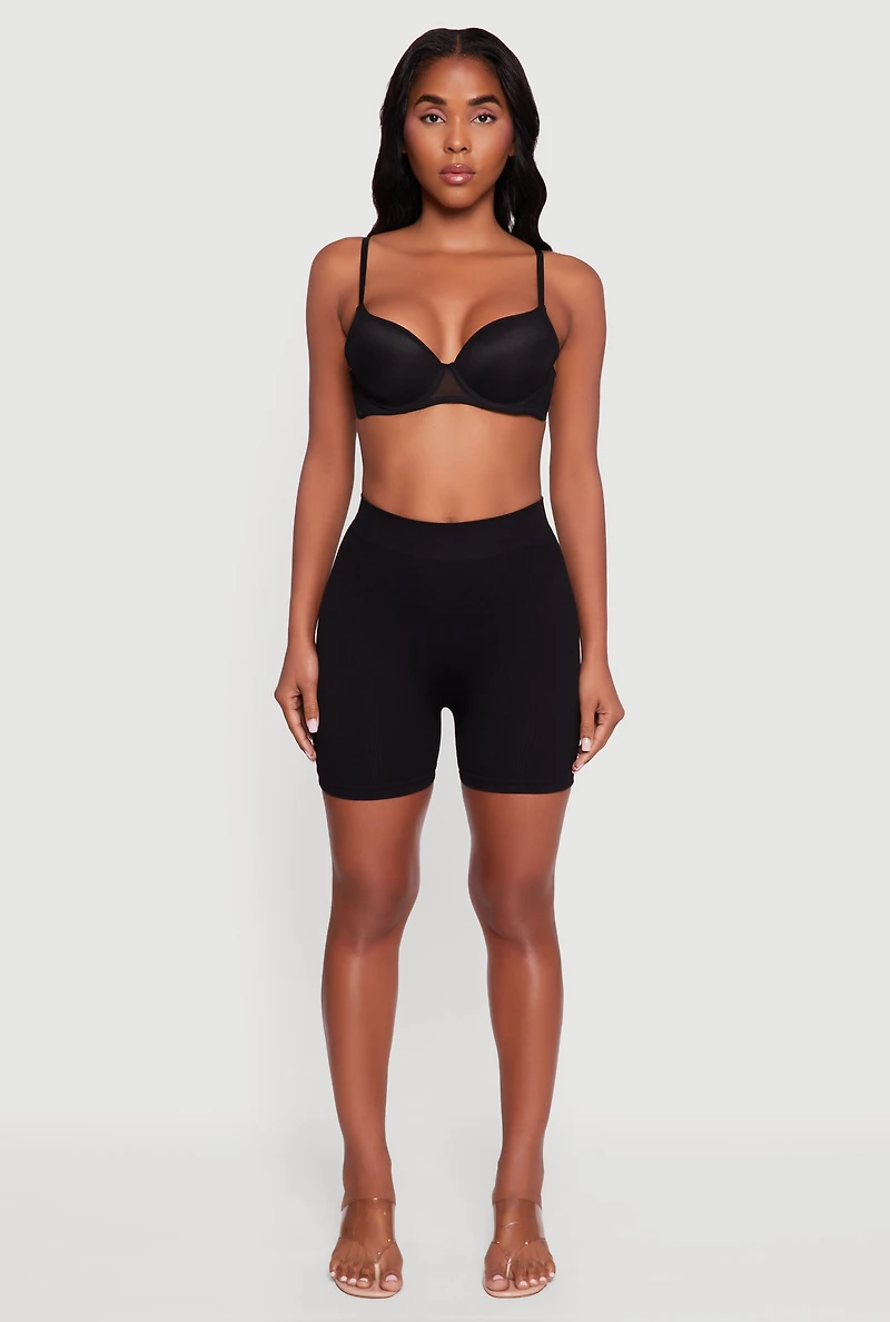 Womens Mesh Solid Plunge Bra with Adjustable Straps, Black,