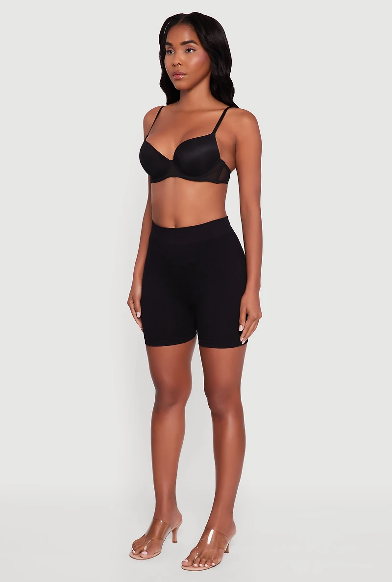 Womens Mesh Solid Plunge Bra with Adjustable Straps, Black,