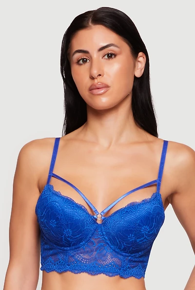 Floral Lace Caged O Ring Detail Plunge Longline Bra