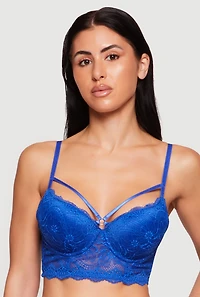 Floral Lace Caged O Ring Detail Plunge Longline Bra