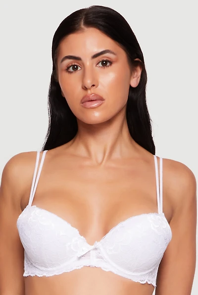 Floral Lace Double Strap Detail Scalloped Hem Plunge Bra