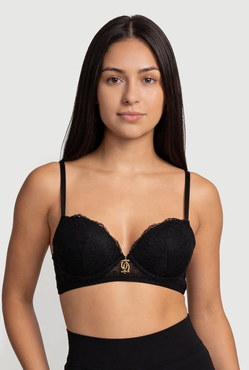 Metallic Detail Scalloped Lace Plunge Bra