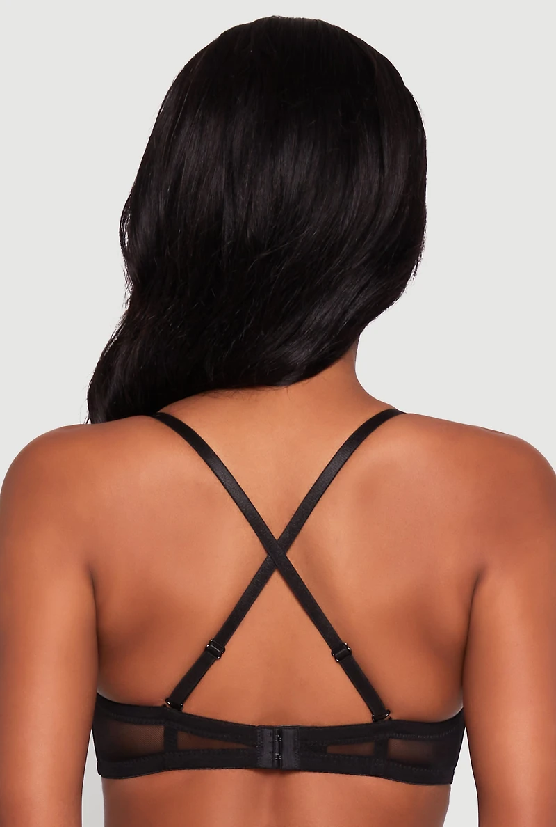 Womens Mesh Solid Convertible Balconette Bra, Black,