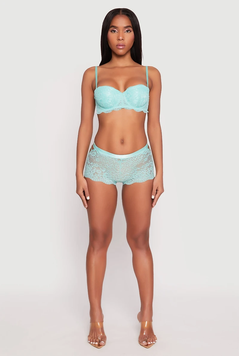 Womens Floral Patterned Lace Balconette Bra | Converts to Strapless, Green,