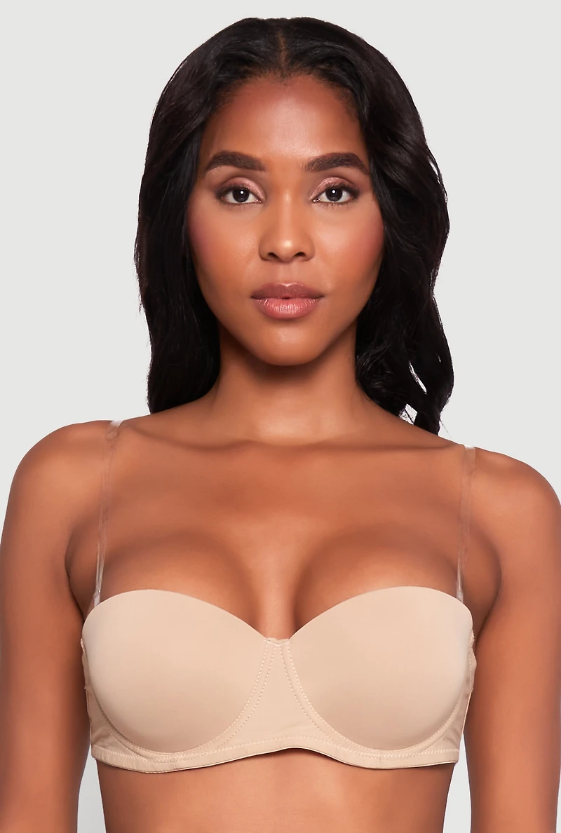 Womens Stylish Padded Push Up Balconette Bra with Clear Back Straps, Beige, Size 36C