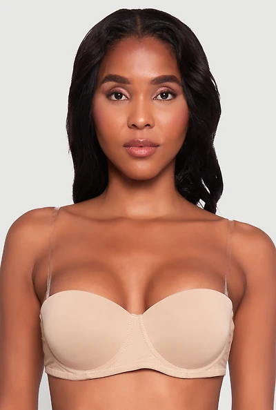 Womens Stylish Padded Push Up Balconette Bra with Clear Back Straps, Beige,