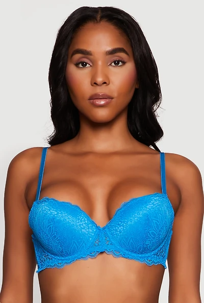 Womens Trendy Scalloped Floral Lace Bra with Adjustable Straps, Blue, Size 34C