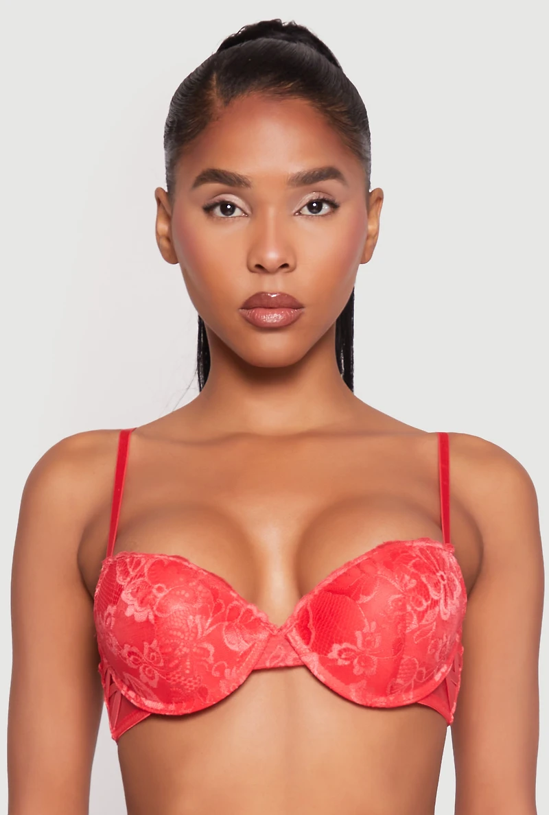 Womens Caged Sides Lace Push Up Plunge Bra, Red,