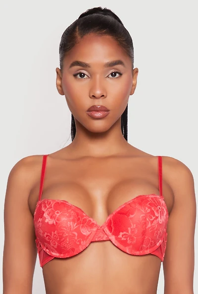 Womens Caged Sides Lace Push Up Plunge Bra, Red,