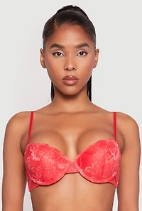 Womens Caged Sides Lace Push Up Plunge Bra, Red,